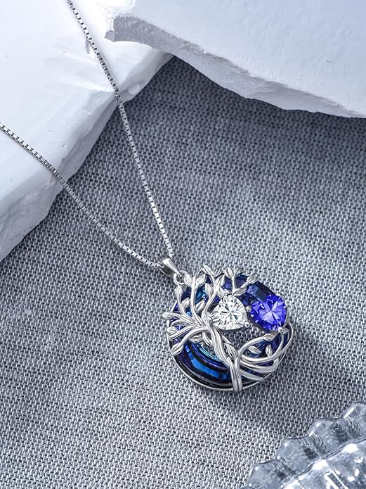 TOUPOP s925 Sterling Silver Family Celtic Tree of Life Pendant Necklaces with 2 Heart Birthstone with Blue Austrian Crystal Jewelry Birthday Valentines Day Gifts for Her, Anniversary Christmas Gifts for Wife Girlfriend Mom (18K Real White Gold Filled)