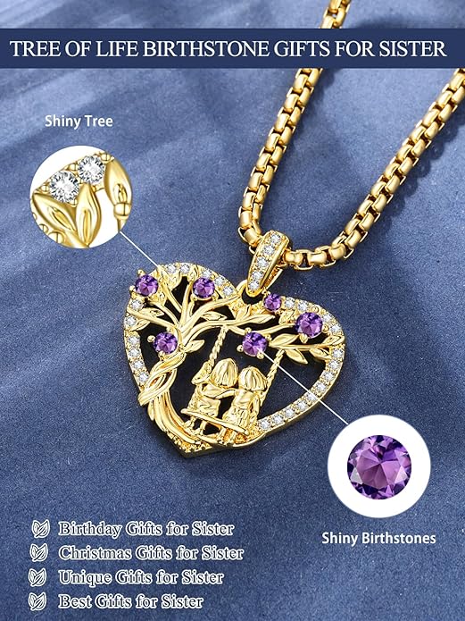 14K Gold Tree of Life Necklace for Sister Christmas Gifts from Sister,Heart Jewelry with Birthstone Pendant for Women Female Friendship Forever My Friend