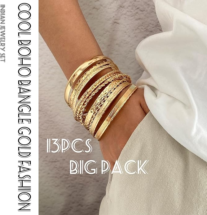 17IF Gold Bangle Bracelet For Women, 14k Multilayer Charm Textured Stackable Bracelets Boho Indian Chunky Cuff Fashion Jewelry Gift