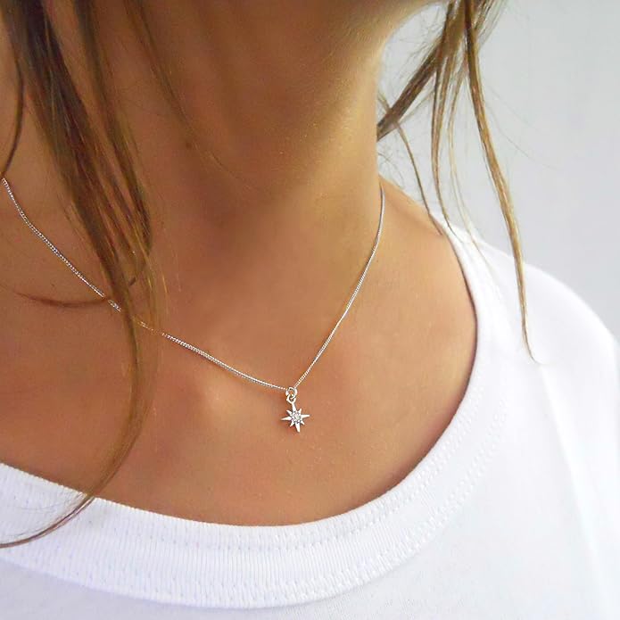 Annika Bella Sterling Silver Star Necklace for Women, Length 15-17 Inches, Tiny Cubic Zirconia North-Star Charm Pendant Necklace, Waterproof, Celestial Jewelry Gift for Her