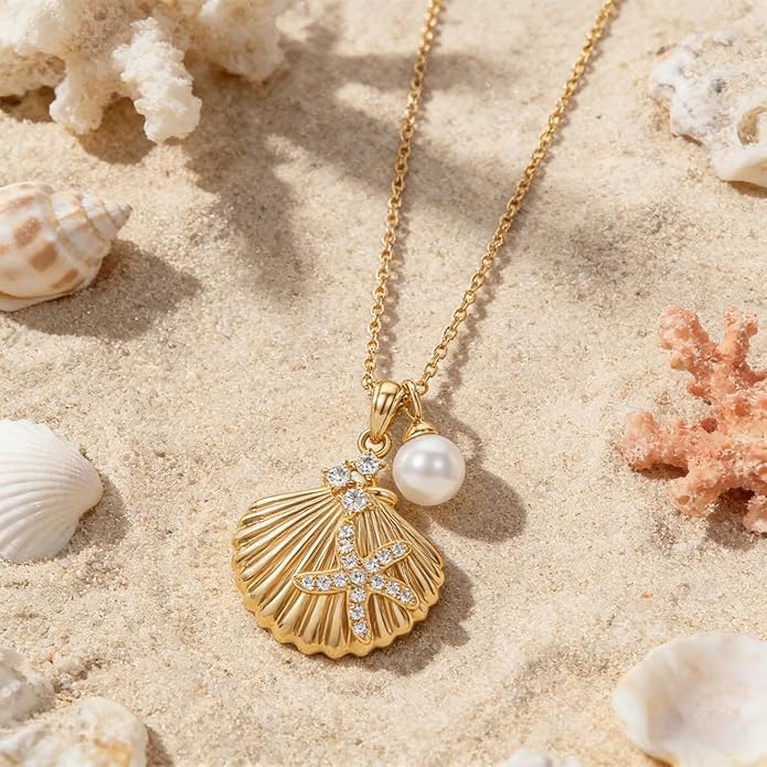 MEVECCO Dainty Gold Pendent Necklace for Women 18K Gold Plated Pearl CZ Starfish Seashell Conch Star Crab Boho Handmade Ocean Chain Necklace Summer Beach Jewelry Gift