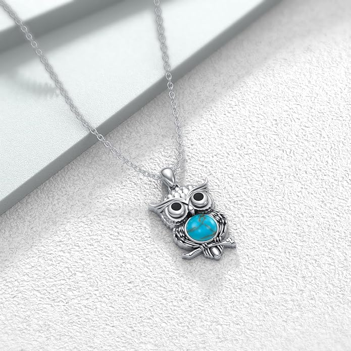 Turquoise Owl Necklace 925 Sterling Silver Genuine Turquoise Cute Animal Owl Pendant Western Boho Jewelry Gifts for Women