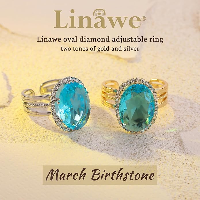 Linawe Birthstone Chunky Adjustable Rings for Women, Gold/Silver/Rose Gold Statement Rings, Imitation Diamond Fake Gemstone Crystal Cocktail Ring, Cubic Zirconia Costume Jewelry