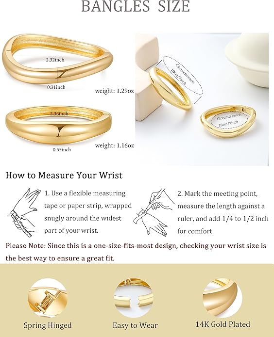 2pcs Gold Bangle Bracelets for Women, Trendy Hinged Cuff Open Wide Chunky Gold Bracelet Stack Arm Cuff Jewelry for Women