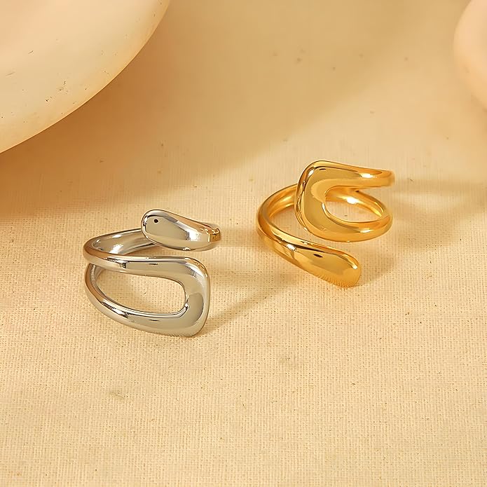 Chunky Rings For Women, Gold Silver Thumb Ring Asymmetrical Wavy Curve Ring Adjustable Non Tarnish Dainty Stainless Steel New Year Anniversary Birthday Jewelry Gift