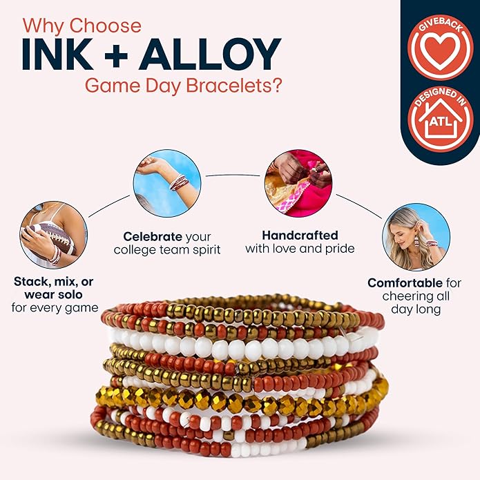 INK + ALLOY Game Day Bracelet Stacks, Beaded Bracelets for Football Gameday Outfits, Handmade Jewelry for College Students, Teachers, Football Moms, Set of 10