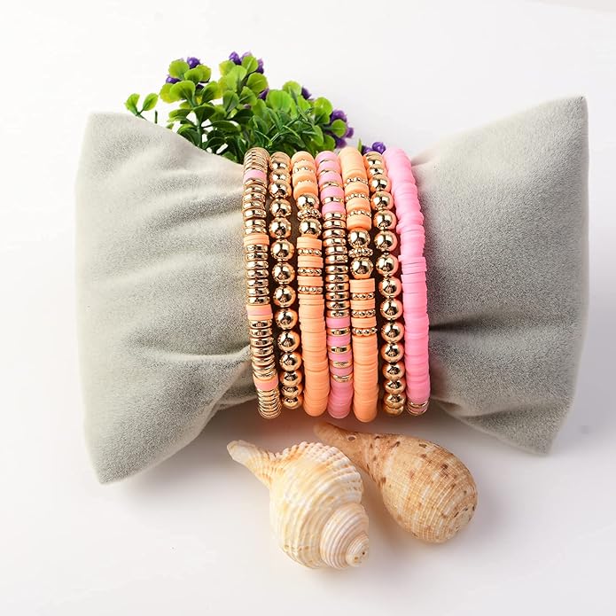 GOOJIDS Surfer Heishi Clay Bead Bracelets for Women Bohemian Stackable Gold Plated Beaded Stretch Bracelets Elastic Layering Friendship Bracelets Set Boho Jewelry