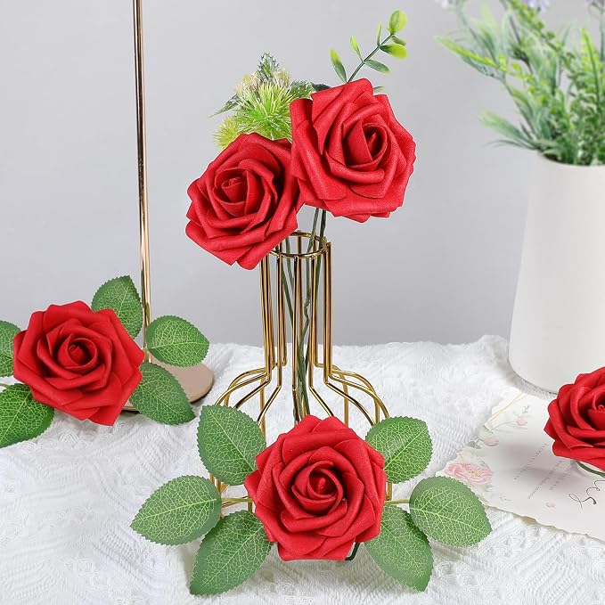 AmyHomie Red Rose 100pcs Real Looking Artificial Flowers w/Stem | Bouquet - Image 5