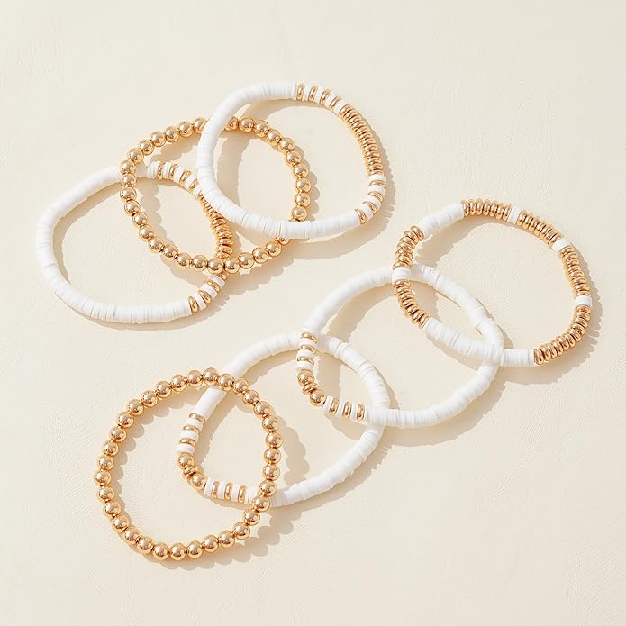 GOOJIDS Surfer Heishi Clay Bead Bracelets for Women Bohemian Stackable Gold Plated Beaded Stretch Bracelets Elastic Layering Friendship Bracelets Set Boho Jewelry