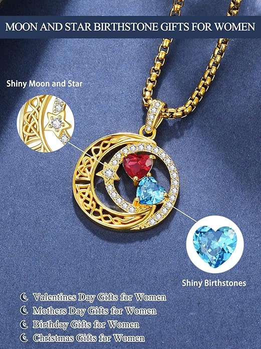 14K Gold Moon and Star Necklace Gifts for Women - Double Heart Birthstone Necklace, Valentines Wedding Anniversary Birthday Gifts for Her Wife Mom Daughter Grandma Sister