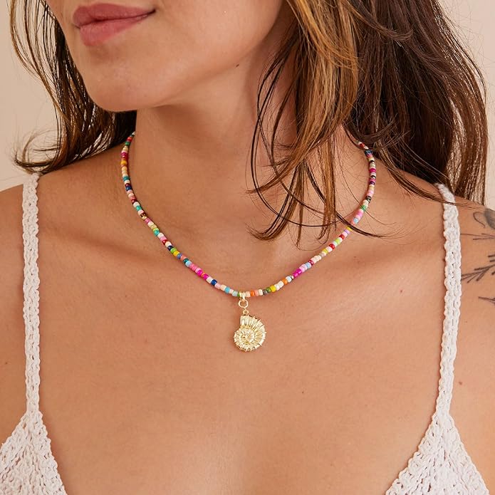 VRIUA Colorful Beaded Necklaces for Women – Summer Beach Boho Starfish, Conch, Shell, Pearl, Palm tree Pendant Necklace Jewelry
