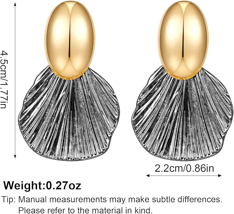 Gold Plated Earrings Dangle Chunky Fan-shaped Earrings Shell Earring for Women Two-Tone Fashion Statement Jewelry