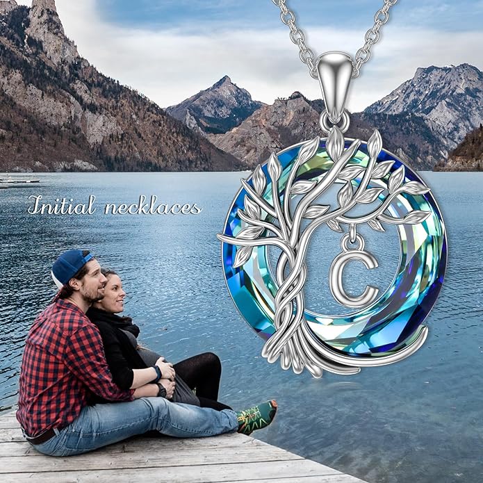 TOUPOP Gifts for Women Tree of Life Necklace 925 Sterling Silver Initial Pendant Family Tree Crystal Jewelry Valentine's Day Birthday Gifts for Her Mom Wife Girlfriend Daughter