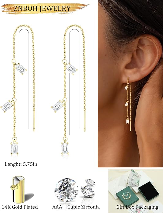 Gold Silver Dangle Earrings for Women Trendy 14K Gold Plated Drop Long Threader Chain Dangling Earring Hypoallergenic Pearl Butterfly Flower Clover CZ Wedding Earrings for Brides Jewelry Gifts