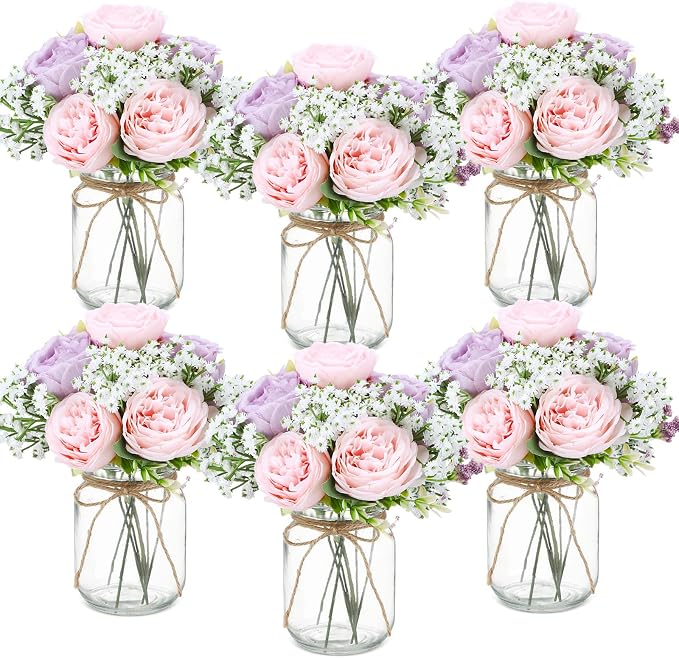 6 Sets Mason Jar Flowers Centerpiece Table Decorations, Artificial Peony Baby's by Zeyune