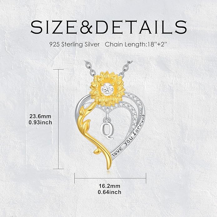 Initial Necklace 925 Sterling Silver Sunflower Heart Letter Pendant Alphabet Anniversary Birthday Jewelry Gifts for Women Mom Girlfriend Wife Her