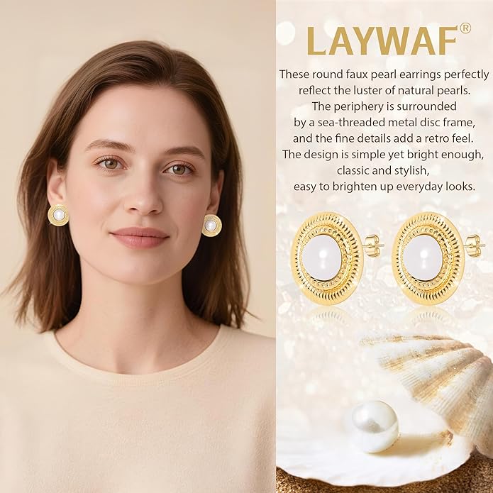 Faux Pearl Gold Plated Stud Earrings for Women, Hypoallergenic Stainless Steel Ear Pin, Available in a Variety of Pearl Colors