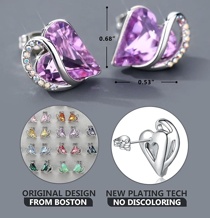 Leafael Infinity love Heart Birthstone Stud Earrings for Women, Valentine's Day Gifts for Mom, Wife, and Her, Silver Plated Birthday Jewelry