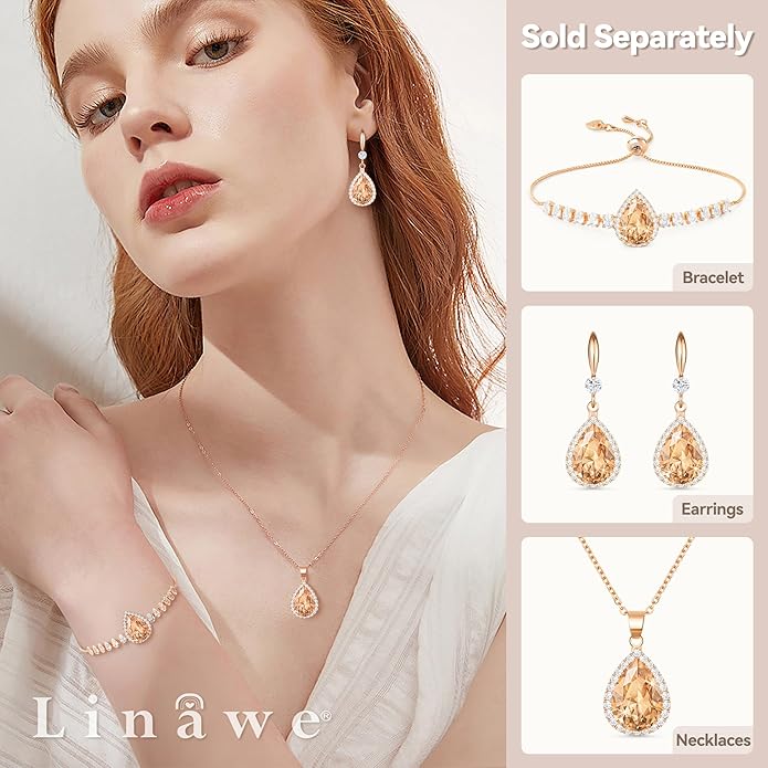 Linawe Crystal Chain Necklace for Women Trendy, Imitation Diamond Pendant, Statement Cubic Zirconia Boho Jewelry Set, 14K Gold/Rose Gold/Silver Birthstone Necklace