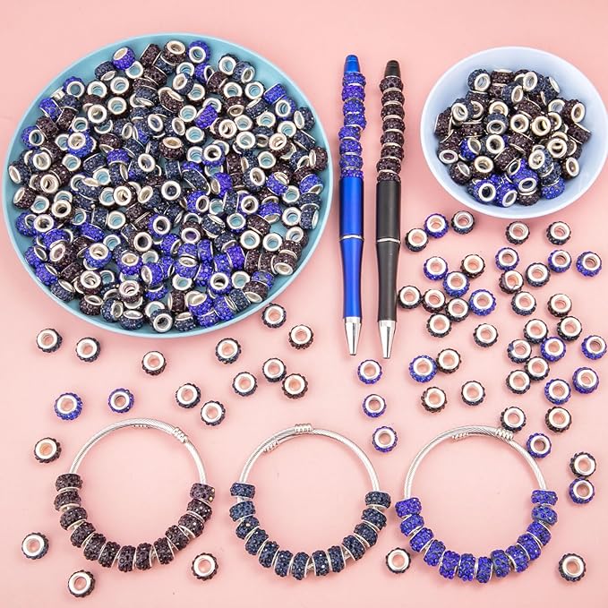 200 Pieces Large Hole Rhinestone European Beads for Pens Making - Royal Blue Lampwork Spacer Beads for Fairy Garden, DIY Bracelet, Necklace, Earring Jewelry Making Supplies