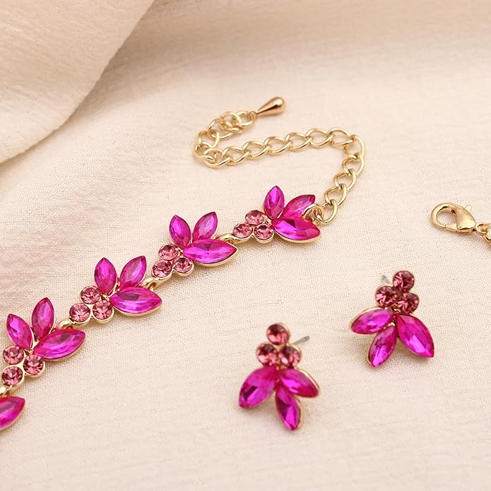 Bridal Wedding Crystal Leaf Choker Necklace Dangle Earring Bracelet Brides Bridesmaid Jewelry Set for Women