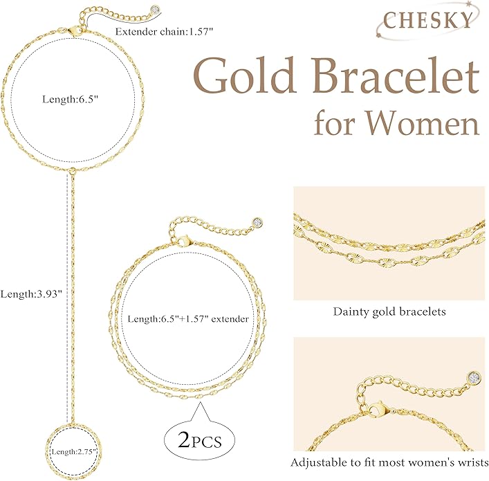 CHESKY 14K Gold Plated Hand Chain Bracelets for Women Set - Dainty Finger Ring Bracelet Stack Adjustable Hand Chains Durable Beaded Bracelets Trendy Simple Body Jewelry Gift for Women