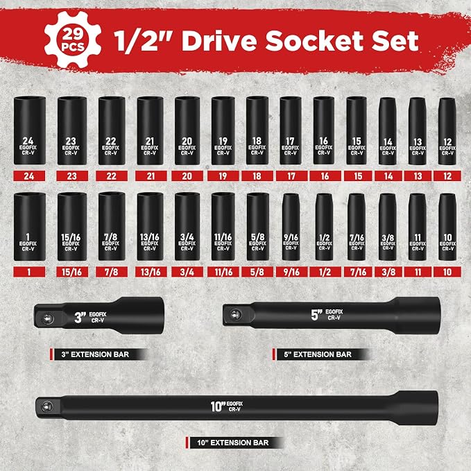 29 Pieces 1/2" Socket Set, Drive Deep Impact Socket Set - Image 2