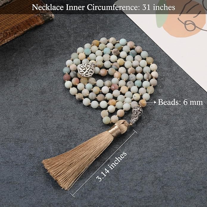 INBLUE 108 Mala Prayer Beads Wrap Necklace with Long Tassel Boho Necklace for Women Amazonite Bead Bracelet with Spiritual Tree of Life Pendant 108 Beads Necklace for Meditation