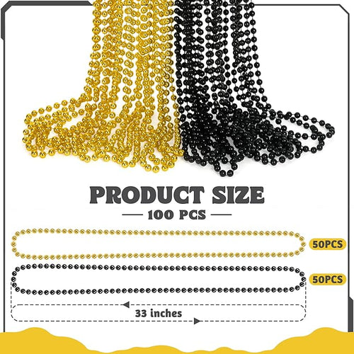 100 PCS New Years Beads Bulk, 33" Mardi Gras Beads Necklaces, Congrats Grad Beads Necklaces, Blackgold Parade Throw Supplies Graduations Party Beads Party Accessories Set Favors