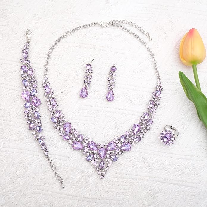 CSY 4 Pcs/Set Austrian Crystal Necklace Earrings Bracelet Ring Bridal Jewelry Sets for Brides Wedding Party Costume Accessories Gifts for Women
