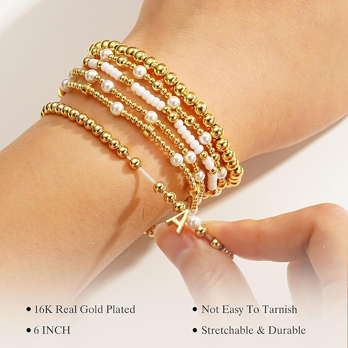 Turandoss 6PCS Beaded Initial Bracelets for Women Girls Valentines Day Gifts - 18K Gold Plated Beaded Initial Letter Bracelet Initial A-Z Stretch Bead Stackable Bracelet Valentines Day Gifts for Her