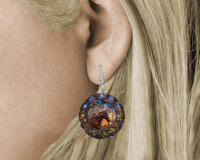 Round Wood Earrings Light Weight Printed Image Dangle Jewelry