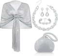 Hicarer 5 Pcs Dressy Jewelry Sets, Silver Shawls and Wraps, Clutch Purse for Homecoming Prom Evening Women Formal