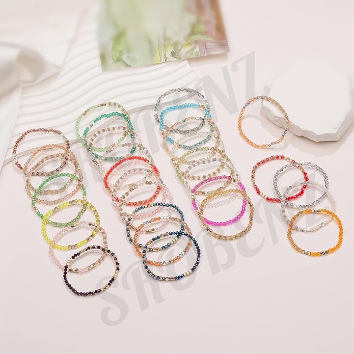 30Pcs Boho Beaded Bracelets for Women Colorful Stackable Sparkly Crystal Beads Bracelets Multi-Layer Versatile Statement Bracelets Stretch Cuff Jewelry Gifts