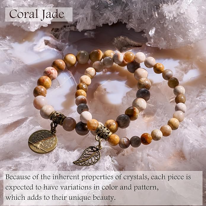 Bivei Natural Semi Precious Gemstone beads bracelet for women - Life Tree and Leaf Charm Energy Reiki Crystal Stretch Bracelets