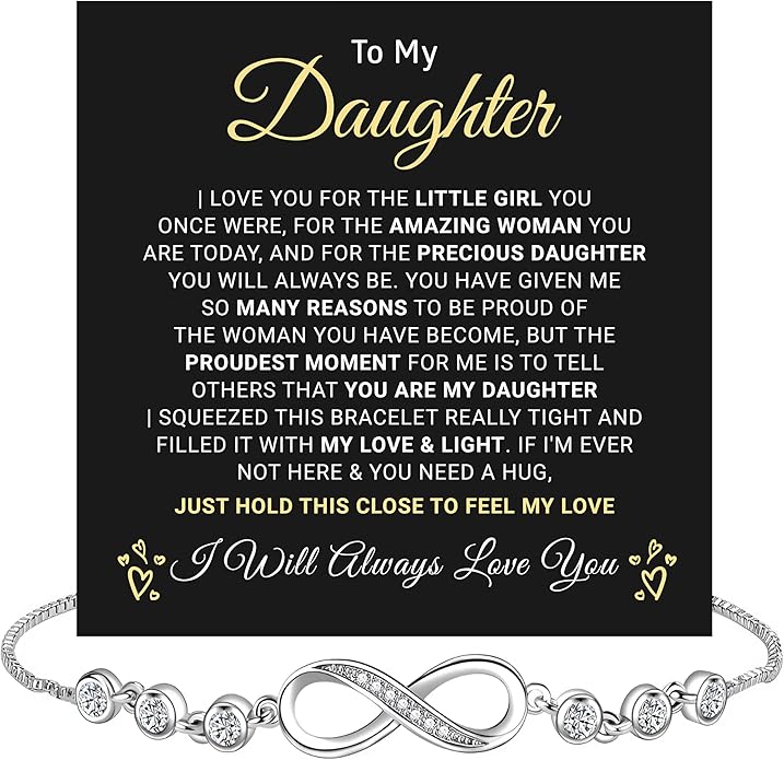 Daughter Infinity Heart Bracelet, Daughter Jewelry Gift From Mom or Dad with Message Card and Box Meaning