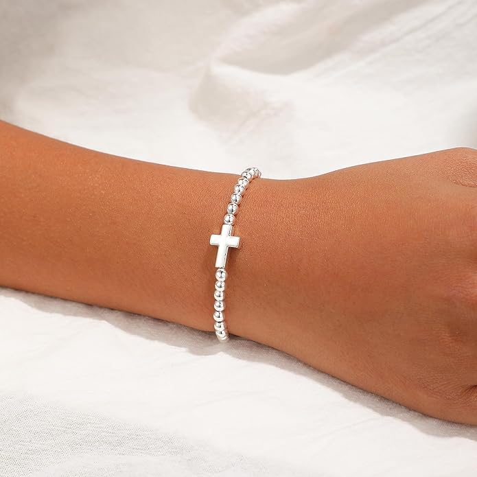 Gold Bracelets for Women, Cute 14K Gold/Silver Plated Stretch Beaded Bracelets for Women Trendy Stackable Charm Bracelet Dainty Adjustable Waterproof Non Tarnish Jewelry Gifts for Her