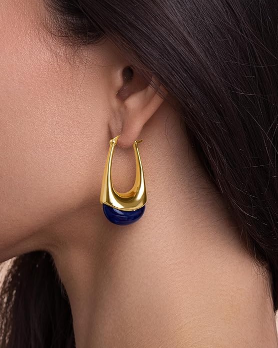 Long Oval Chunky Dangle 18K gold plated Hoops with Colored Resin Gemstone Statement Earrings for Women by SNGIA, (Green, Brown, Blue, Pink, White, Cream), Bold Drop Handmade Exaggerated Irregular Trendy Bohemian Jewelry Gifts, Unique Dangling Teardrop ...