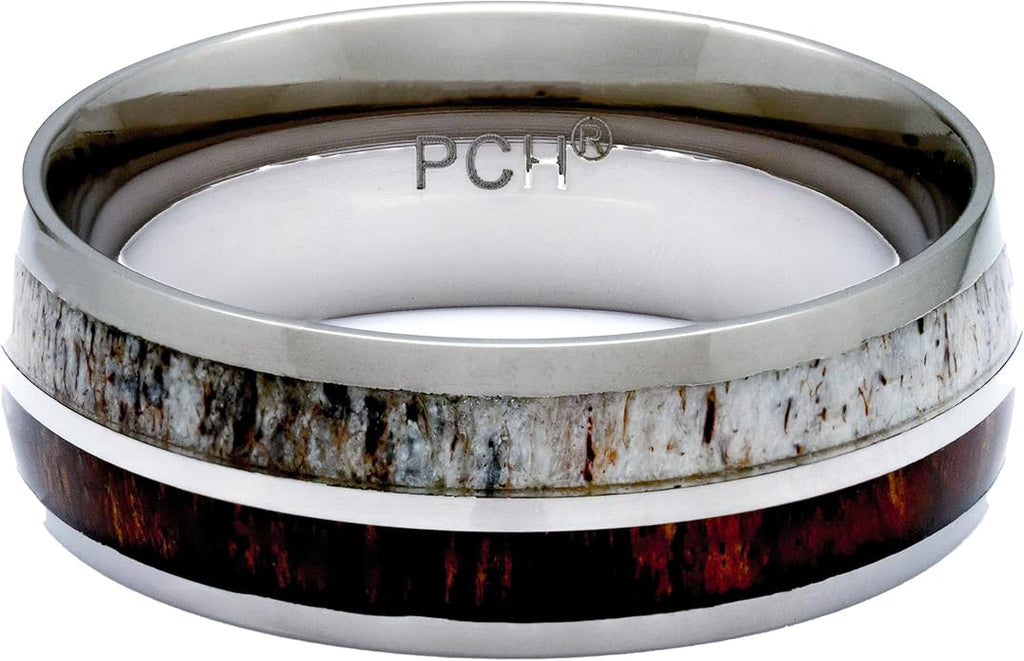 Deer Antler and Koa Wood Ring Titanium Mens Wedding Band Comfort Fit