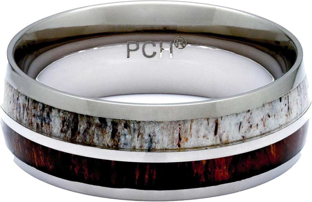 Deer Antler and Koa Wood Ring Titanium Mens Wedding Band Comfort Fit