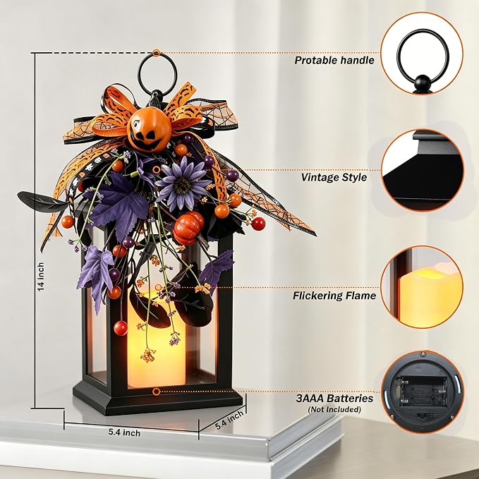 Halloween Lanterns Decorative Indoor & Outdoor, 14 Inch Black Candle Lanterns - Image 2
