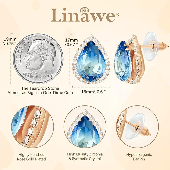 Linawe Women Stud Earrings, Teardrop Diamond Moissanite Cubic Zirconia Earrings Studs Rhinestone Jewelry Gold/Silver/Rose Gold