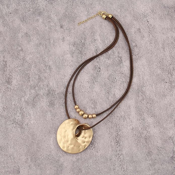 Boho Necklaces for Women Chunky Circle Necklace Layered Boho Circle Leather Choker Necklace Long Vintage Necklaces Bohemian Jewlery Gifts