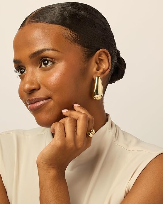 PAVOI 14K Gold Plated 925 Sterling Silver Posts Statement Earrings for Women - Geometric Dome Teardrop Drop Dangle Hoop Chunky Gold Earrings