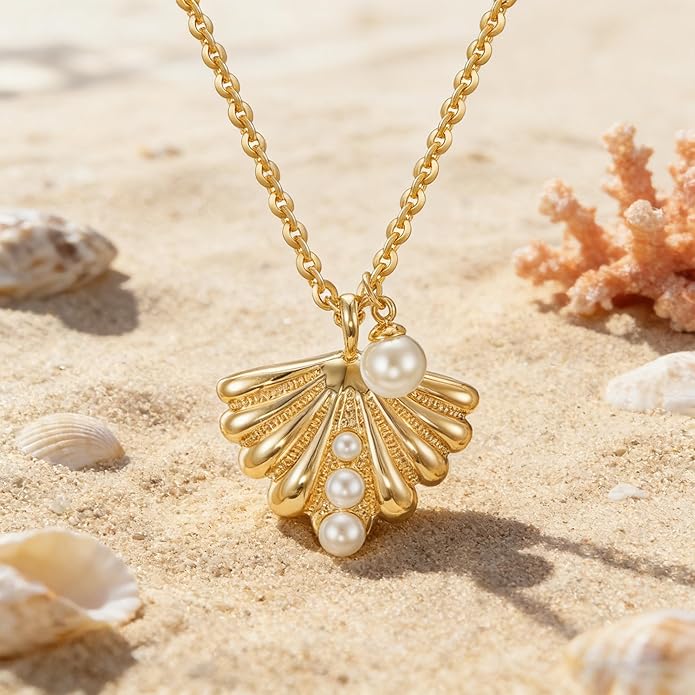 MEVECCO Dainty Gold Pendent Necklace for Women 18K Gold Plated Pearl CZ Starfish Seashell Conch Star Crab Boho Handmade Ocean Chain Necklace Summer Beach Jewelry Gift