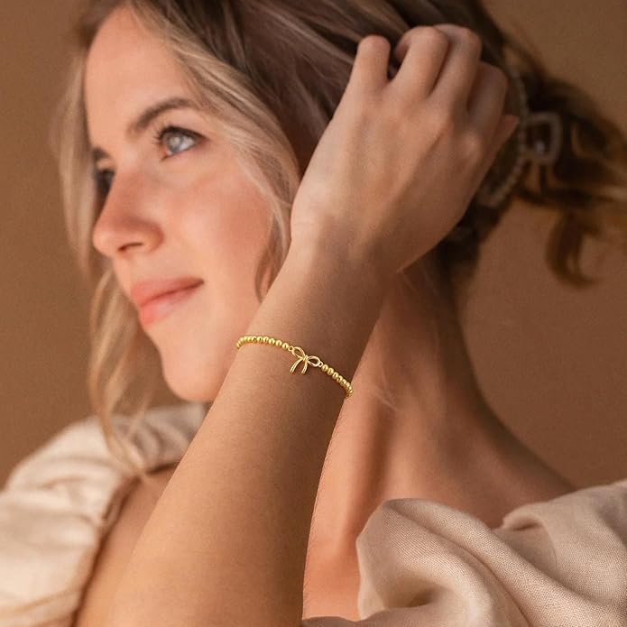 Gold Bracelets for Women, Cute 14K Gold/Silver Plated Stretch Beaded Bracelets for Women Trendy Stackable Charm Bracelet Dainty Adjustable Waterproof Non Tarnish Jewelry Gifts for Her