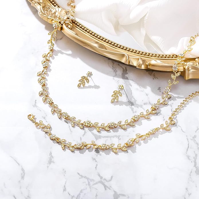 BriLove Wedding Jewelry Set for Women Bride, Gorgeous Stunning Crystal Flower Leaf Cluster Choker Necklace Link Bracelet Stud Earrings Bridal Bridesmaid