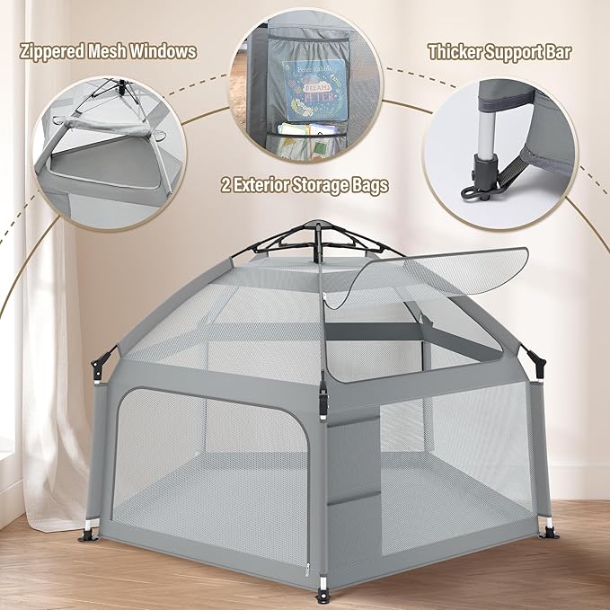 Portable Baby Playpen with Inflatable Mattress & Sunshade,Outdoor Baby Playpen for Babies and Toddlers,Foldable Pop Up Play Tent for Home, Park, Beach and Camping,Beach playpen-Light Gray