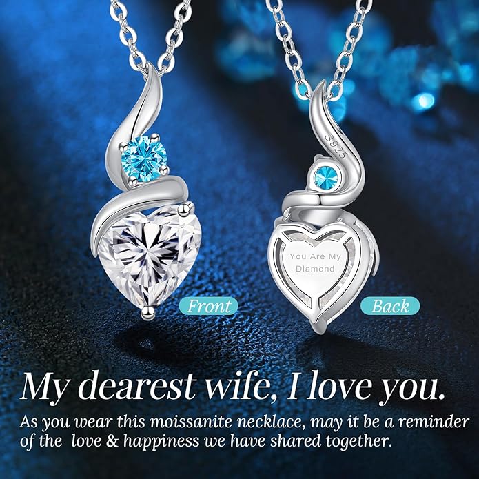 ANDSO Valentine's Day Gift Moissanite Heart Pendant Necklaces for Women, 925 Sterling Silver Necklace with Birthstone, Ideal Anniversary Present or Birthday Jewelry Gifts for Mom Wife Her Girlfriend