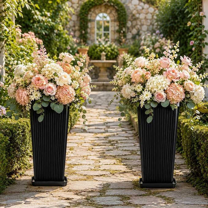 24" Tall Planters for Outdoor Plants Set of 2 Square Fluted, TallIndoor Flower - Image 6